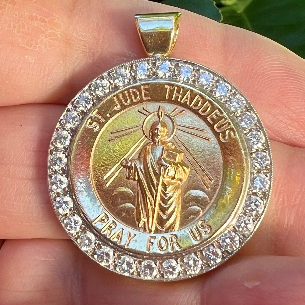 VINTAGE 14K YELLOW GOLD LARGE DIAMOND ST JUDE THADDEUS PENDANT MEDAL CUSTOM MADE